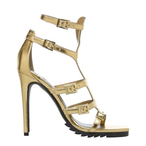Beau & Ashe Kafka Stiletto Sz 10 Gold Gladiator Cage 4.5" Heel Chunky Tread - Picture 2 of 14